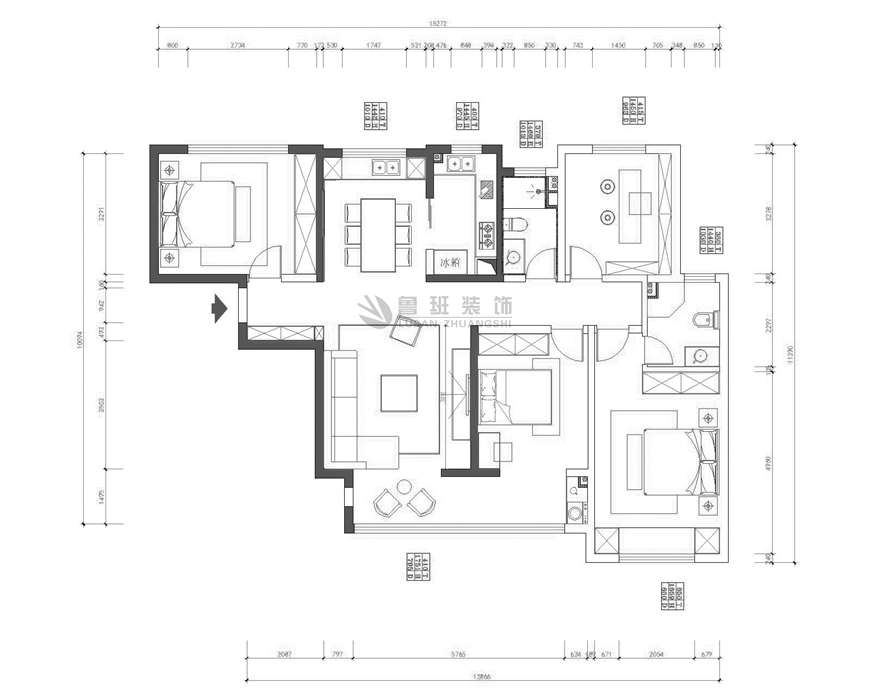宫园学府四居室148平米现代美式风格平面布局图