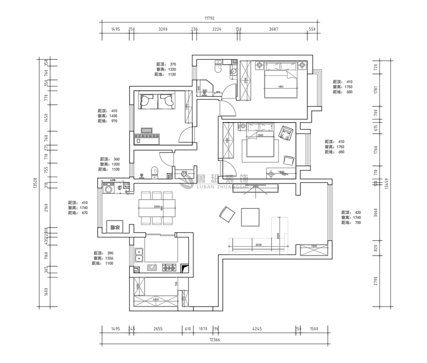 司法小区四居室150平米现代轻奢平面布局图设计