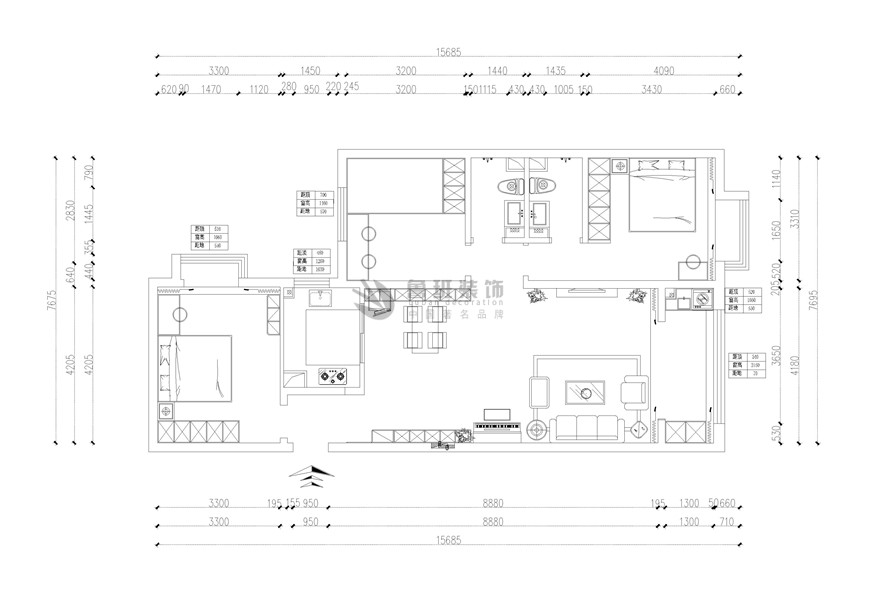 鲁班装饰出品太乙城时光界125平米三居室现代轻奢设计——平面布局图设计