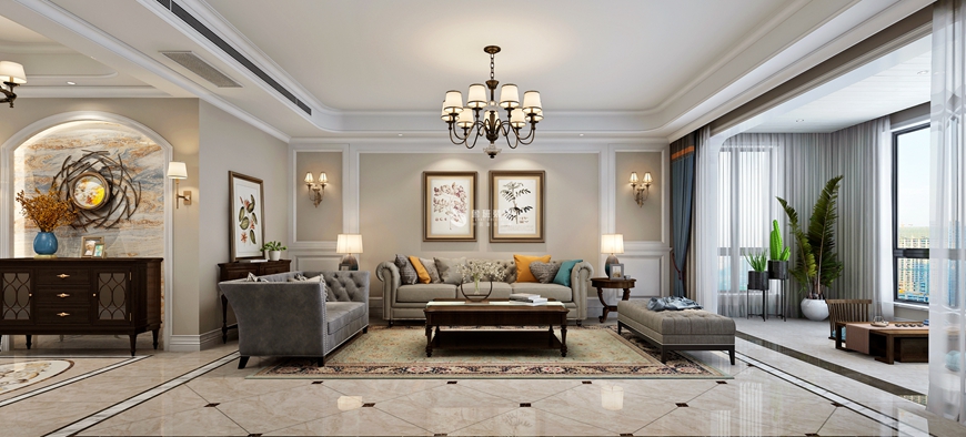 鲁班装饰出品金水湾四居室160平米现代美式设计王盟主笔设计——客厅沙发墙设计效果图 